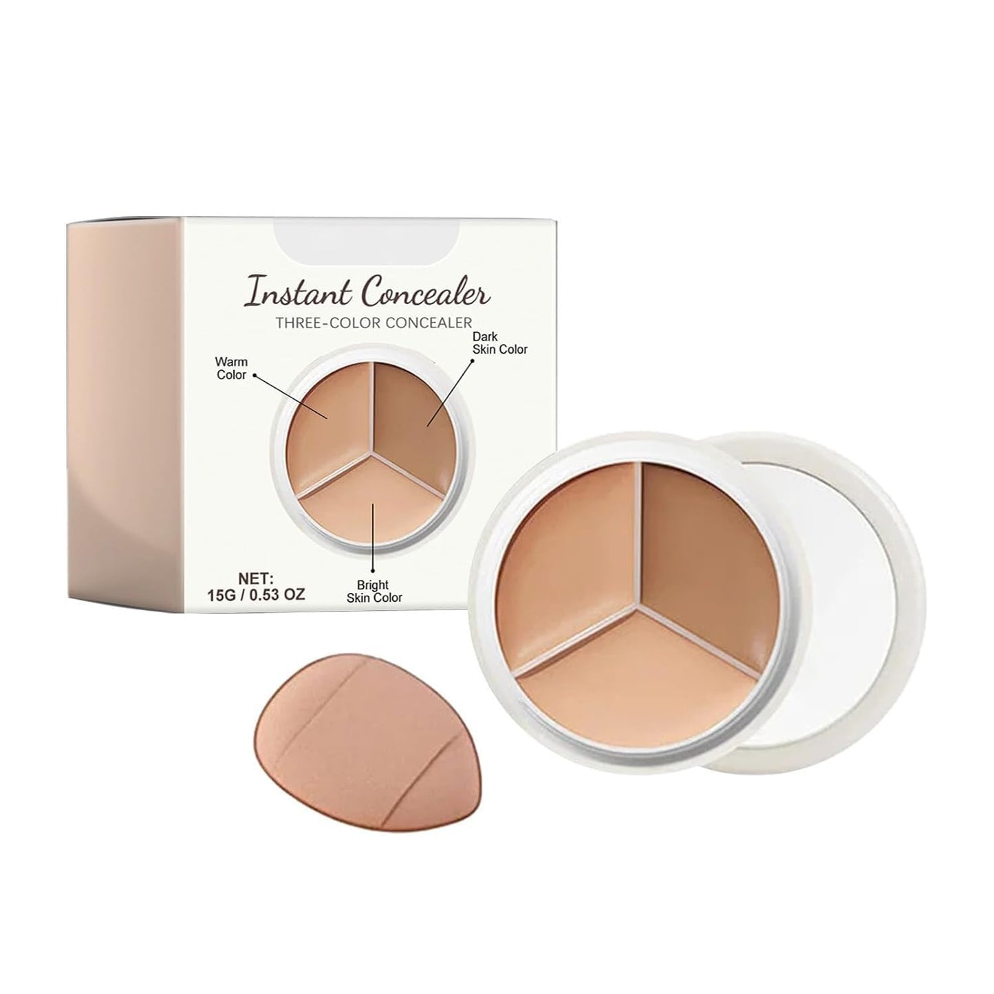 Concealer Palette, Tri-Color Face Conceal, 3 Color Cream Concealer with Puff, Full Coverage Concealer Covers Blemishes Spots Dark Circles, Highlighter & Contouring