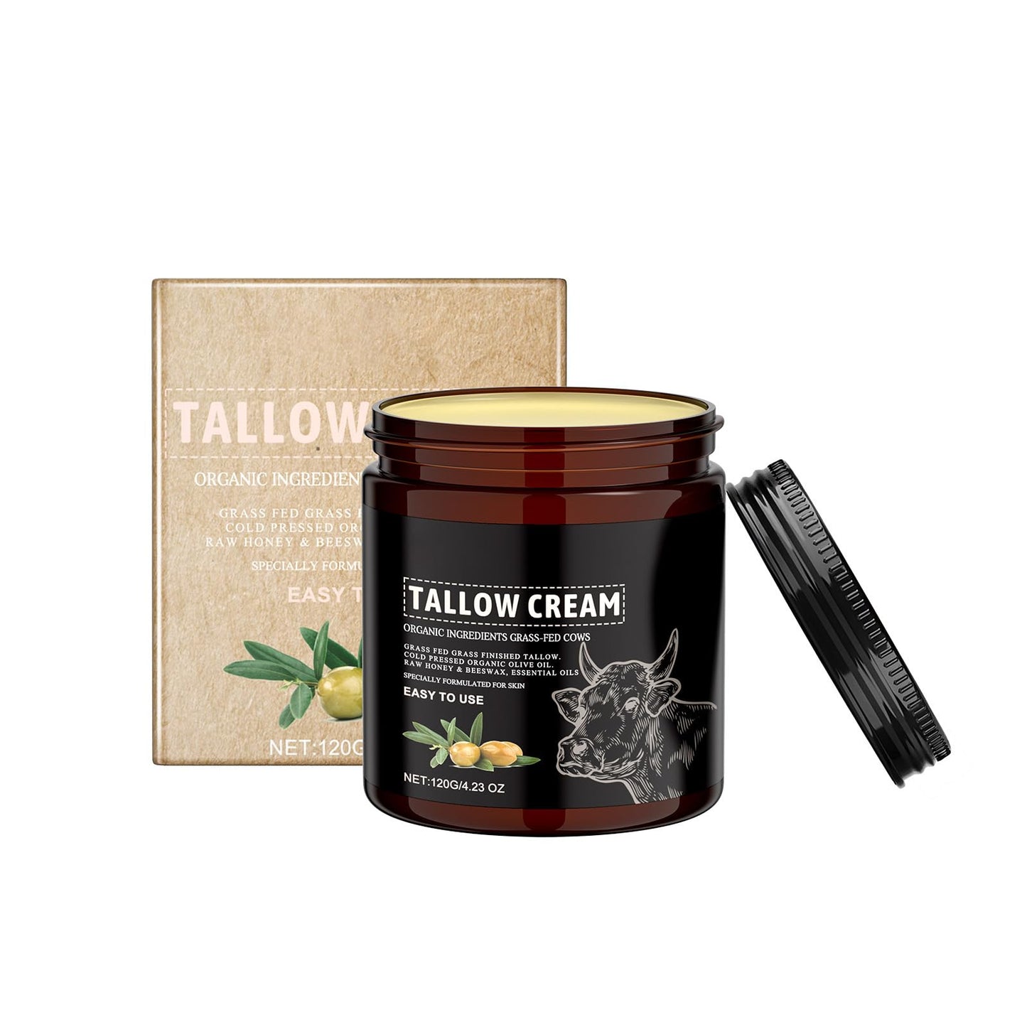 Beef Tallow Balm for Skin Whipped Beef Tallow for Face, Organic Grass-Fed Beef Tallow Moisturizing with Honey for Soft Smooth Skin