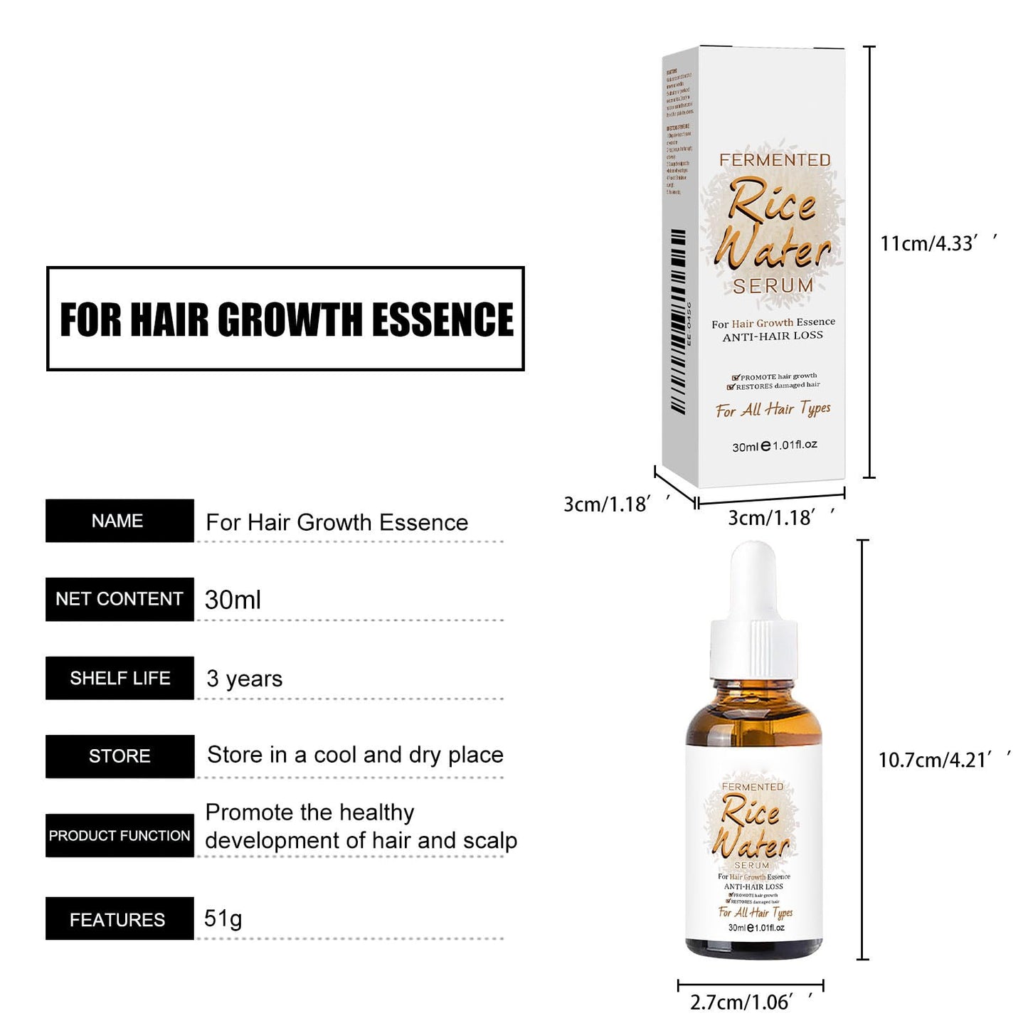 Rice Water Serum for Hair Growth Spray - Serum with Angelica Extract, Soybean, Wheat Germ for Hair Mask, Hair Care, Scalp Treatment, Thickening Dry Damaged Hair for Women & Men 1 fl oz