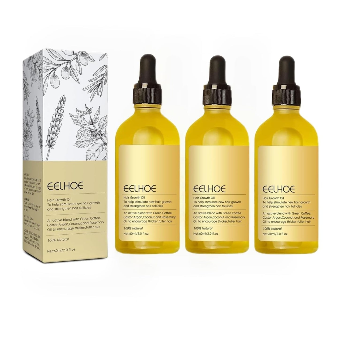 EELHOE Hair Growth Oil, Veganic Natural Hair Growth Oil, Veganic Rosemary Oil for Dry Damaged and Thin Hair, 2 Fl Oz *3 PCS