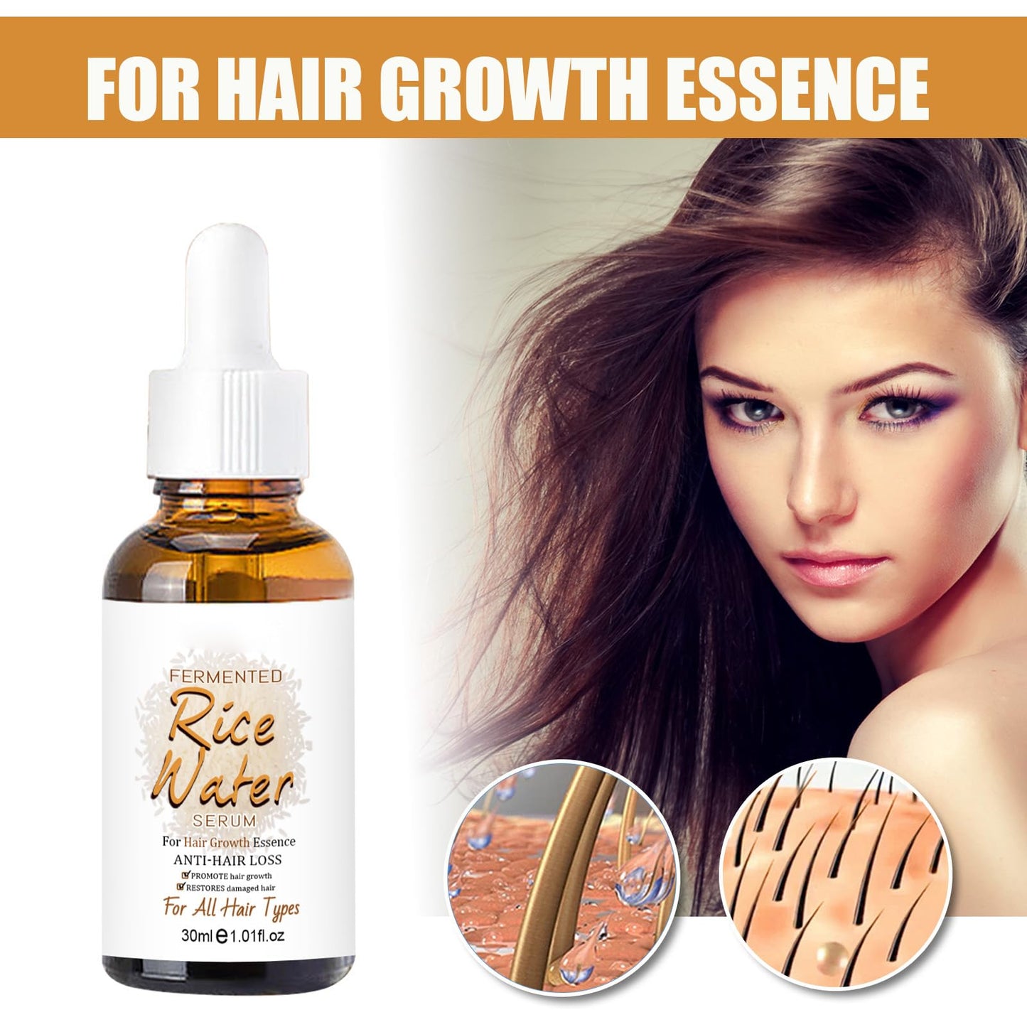Rice Water Serum for Hair Growth Spray - Serum with Angelica Extract, Soybean, Wheat Germ for Hair Mask, Hair Care, Scalp Treatment, Thickening Dry Damaged Hair for Women & Men 1 fl oz