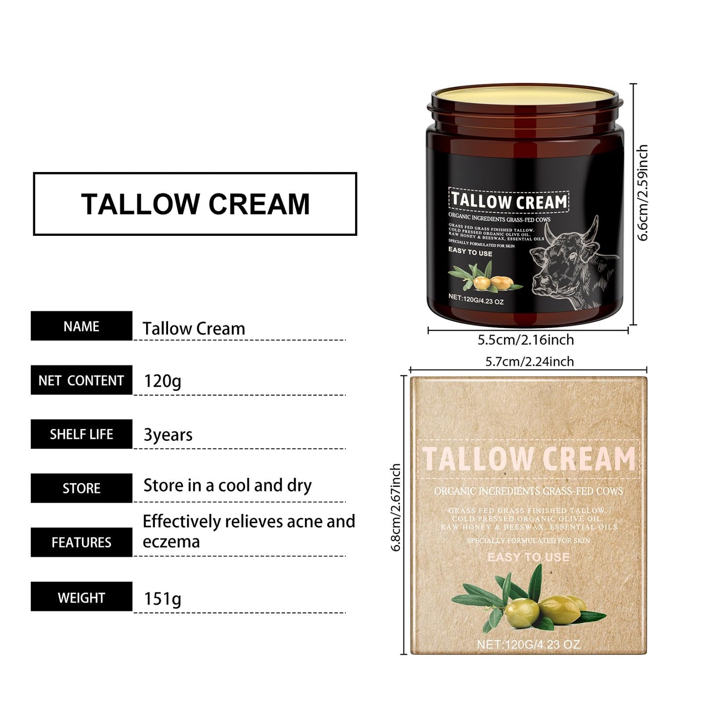 Beef Tallow Balm for Skin Whipped Beef Tallow for Face, Organic Grass-Fed Beef Tallow Moisturizing with Honey for Soft Smooth Skin