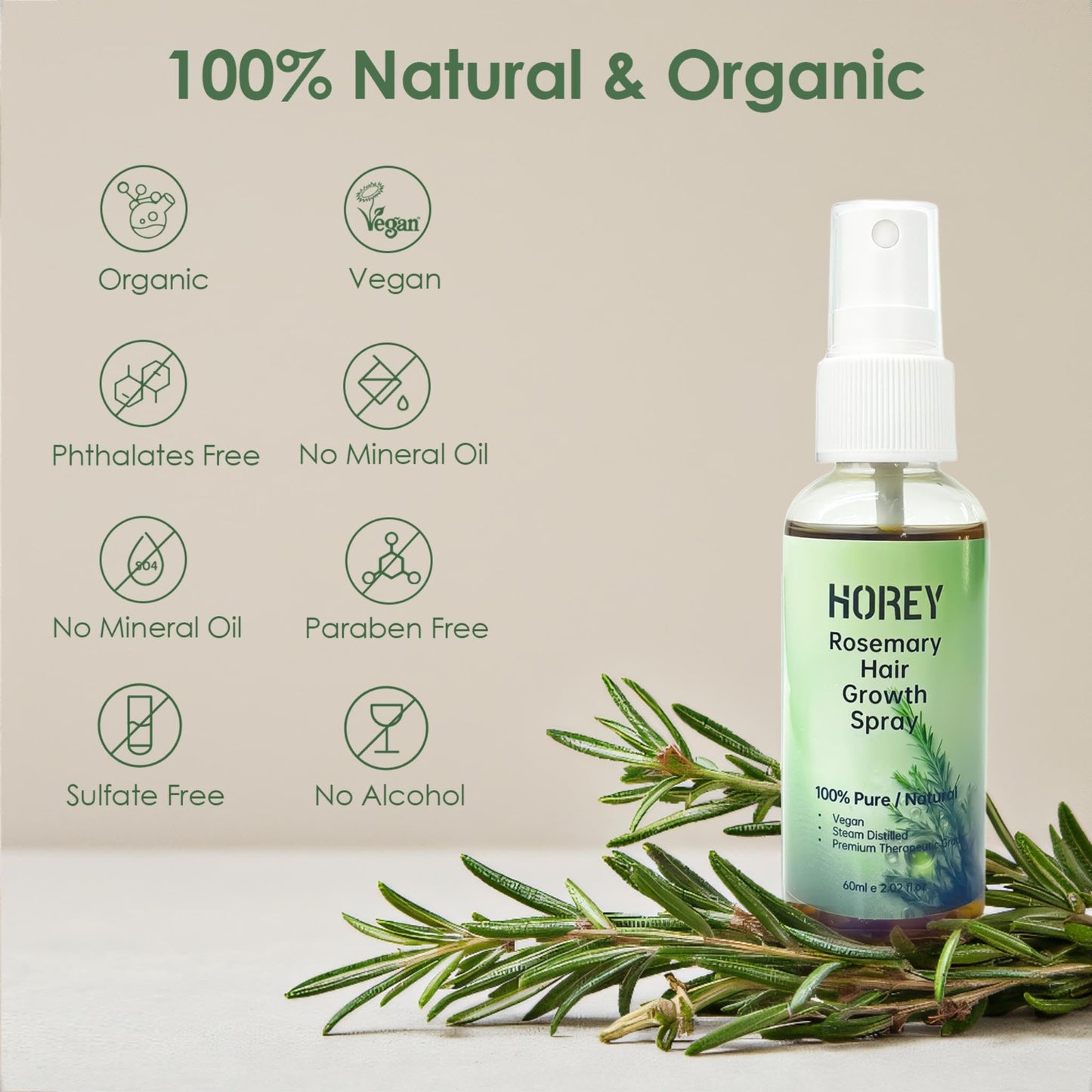 Horey Rosemary Oil for Hair Growth Spray Natural Organic Rosemary and Castor Oil for Scalp & Hair Strengthening Effective for Women Men Hair Loss, 2.02 fl oz