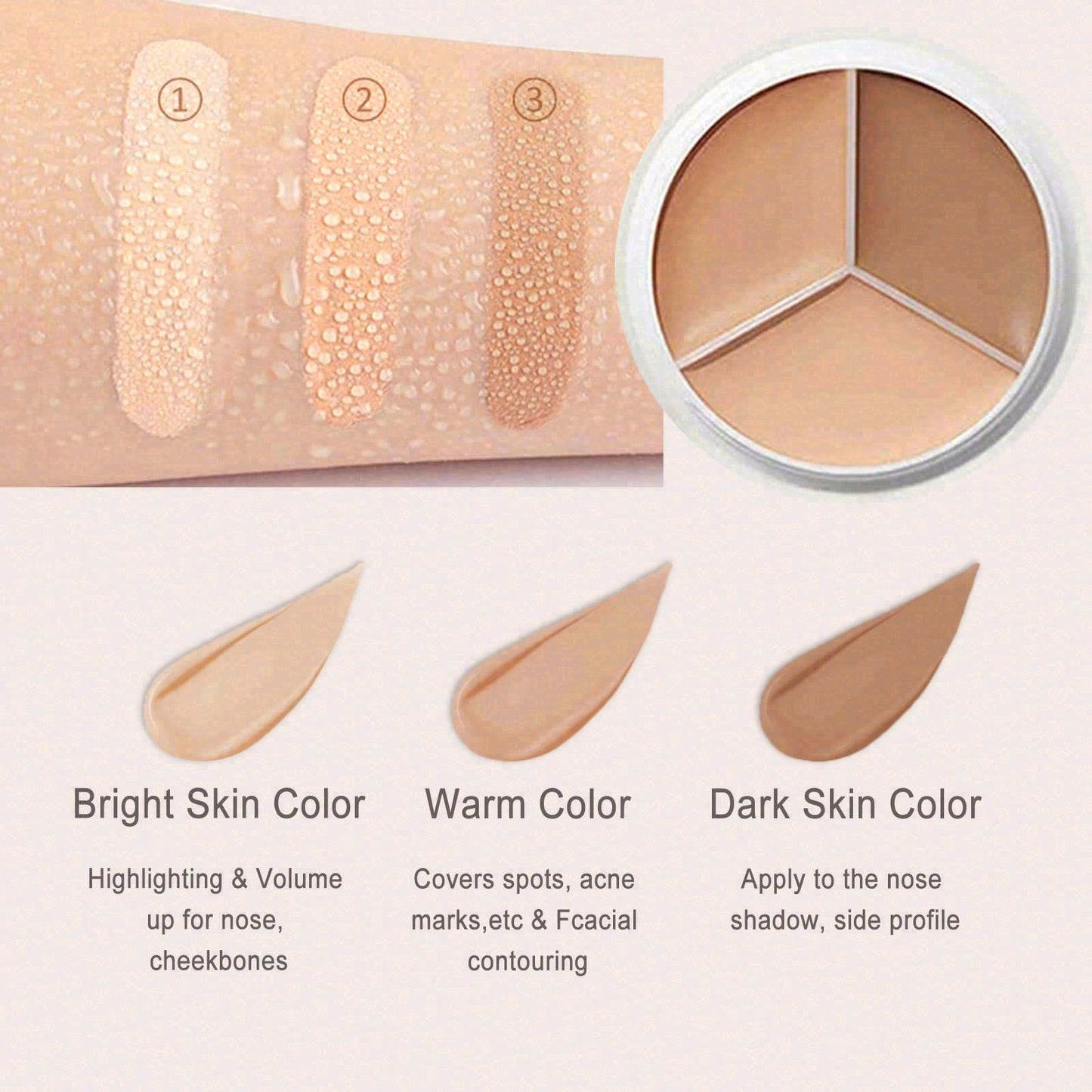 Concealer Palette, Tri-Color Face Conceal, 3 Color Cream Concealer with Puff, Full Coverage Concealer Covers Blemishes Spots Dark Circles, Highlighter & Contouring