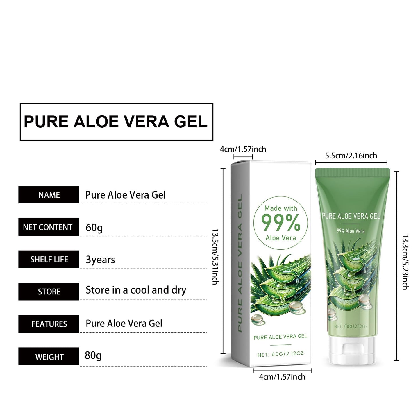 Pure Aloe Vera Gel for Face Organic 99% Aloe Vera Gel for for Sunburn Relief Soothing Skincare Natural Hydrating Pure Aloe Vera Gel for Skin and Scalp - 2oz