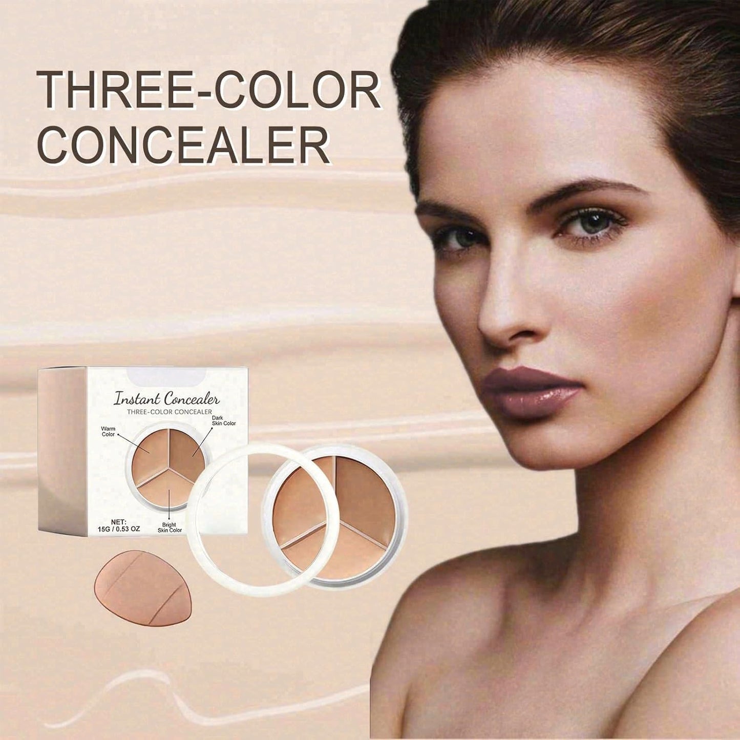 Concealer Palette, Tri-Color Face Conceal, 3 Color Cream Concealer with Puff, Full Coverage Concealer Covers Blemishes Spots Dark Circles, Highlighter & Contouring