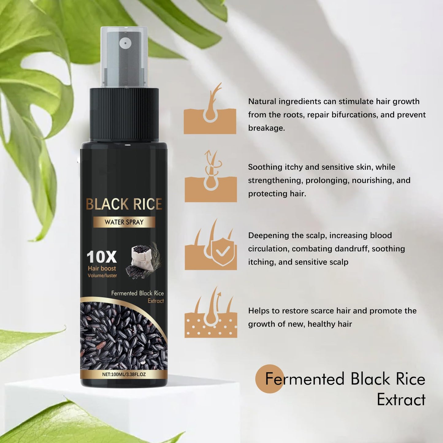 Hair Growth Spray, Black Rice Water for Hair Growth Serum - Leave-In Spray for Men & Women, Effective for Hair Loss, Damaged Dry Hair, Hair Regrowth for Thicker Longer Fuller Hair 3.38 fl oz