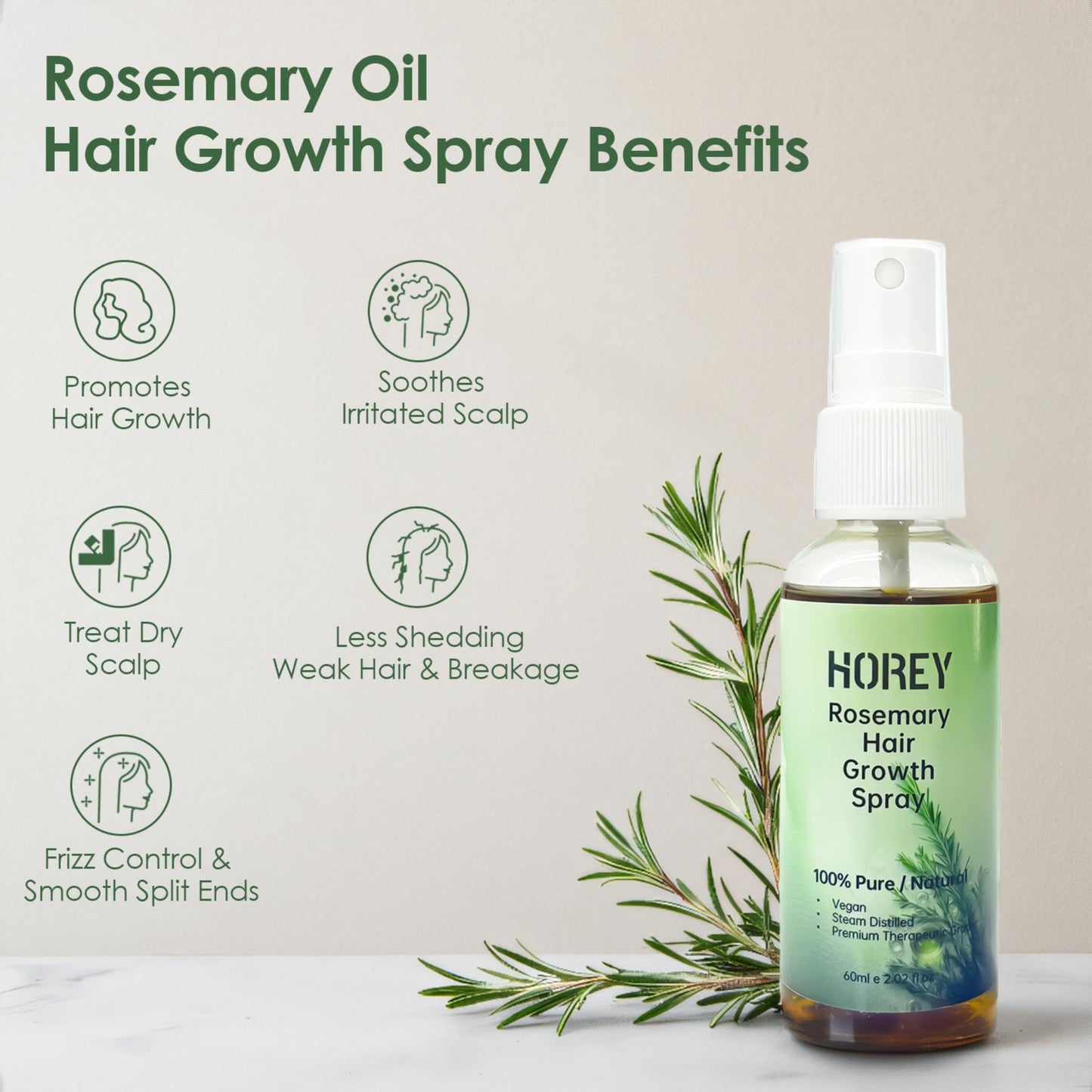 Horey Rosemary Oil for Hair Growth Spray Natural Organic Rosemary and Castor Oil for Scalp & Hair Strengthening Effective for Women Men Hair Loss, 2.02 fl oz
