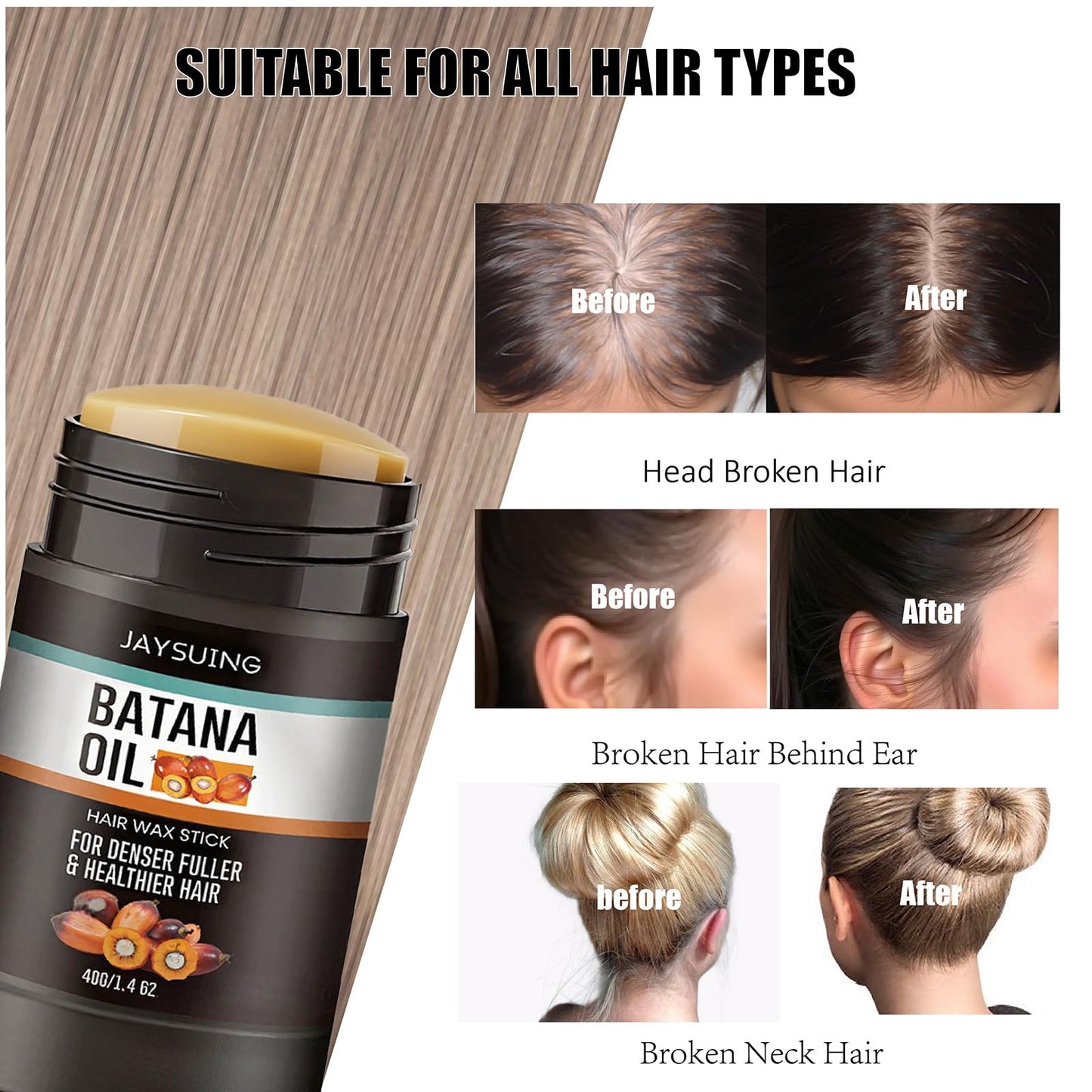 Hair Wax Stick with Batana Oil & Castor Oil, Non-Greasy Slick Back Stick, Hair Styling Stick for Women & Men's Flyaways Edge Frizz Hair, Long Lasting Hold, Nourishing Smoothing Hair, 1.4 Oz