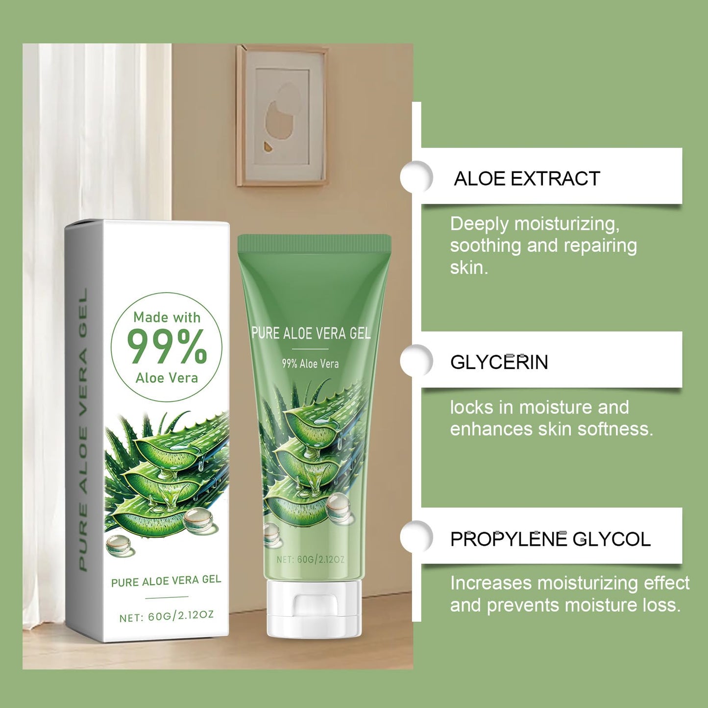 Pure Aloe Vera Gel for Face Organic 99% Aloe Vera Gel for for Sunburn Relief Soothing Skincare Natural Hydrating Pure Aloe Vera Gel for Skin and Scalp - 2oz