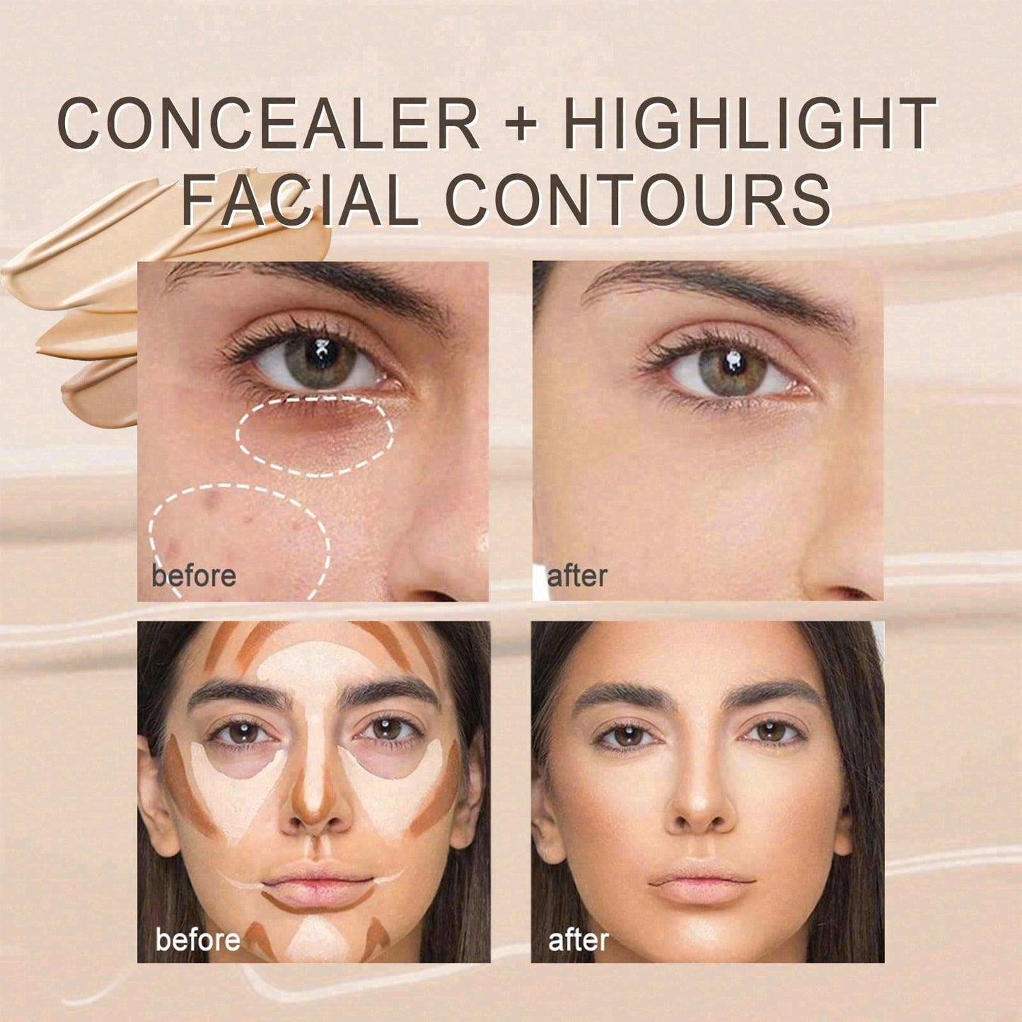 Concealer Palette, Tri-Color Face Conceal, 3 Color Cream Concealer with Puff, Full Coverage Concealer Covers Blemishes Spots Dark Circles, Highlighter & Contouring