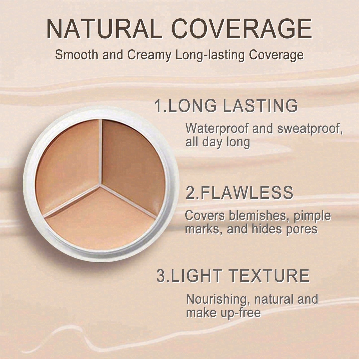 Concealer Palette, Tri-Color Face Conceal, 3 Color Cream Concealer with Puff, Full Coverage Concealer Covers Blemishes Spots Dark Circles, Highlighter & Contouring