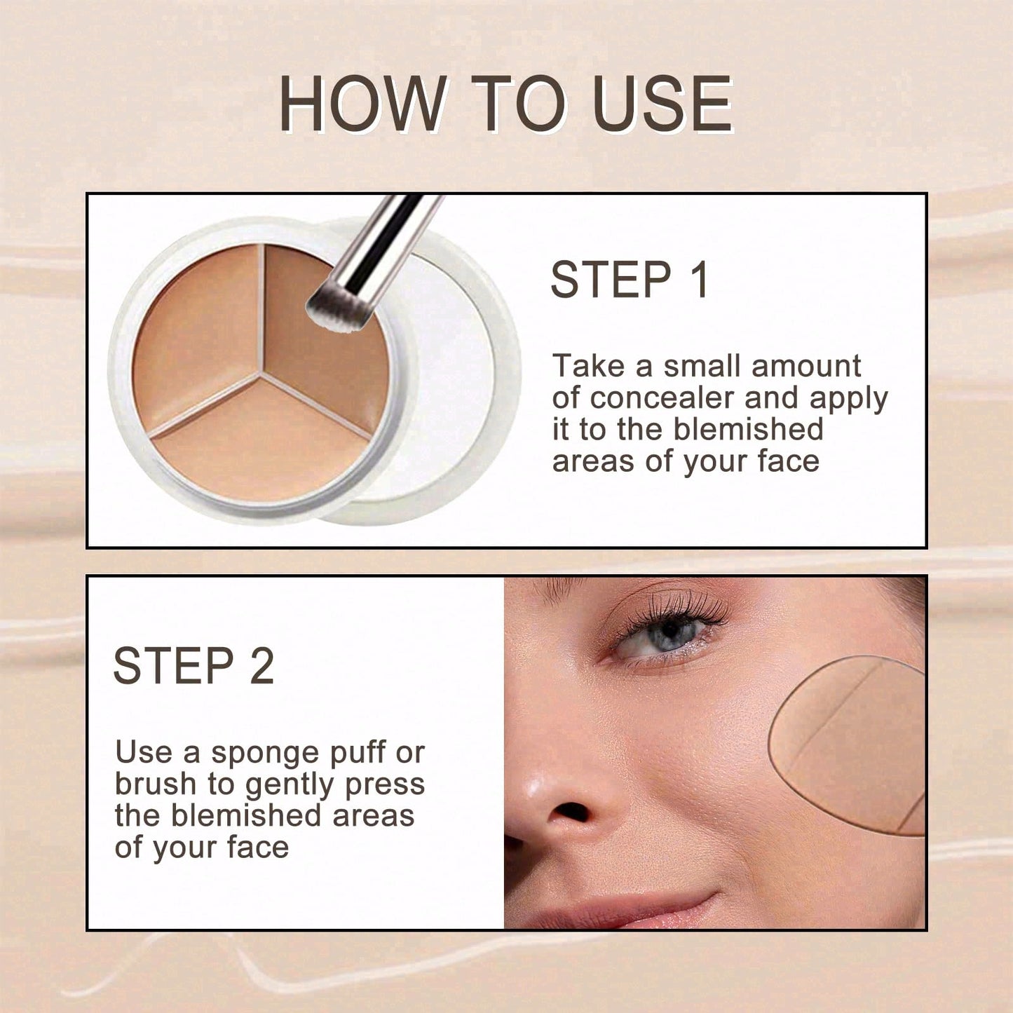 Concealer Palette, Tri-Color Face Conceal, 3 Color Cream Concealer with Puff, Full Coverage Concealer Covers Blemishes Spots Dark Circles, Highlighter & Contouring