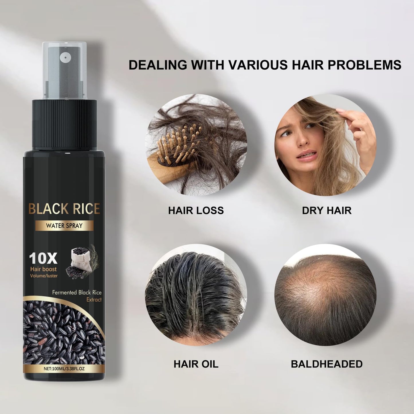 Hair Growth Spray, Black Rice Water for Hair Growth Serum - Leave-In Spray for Men & Women, Effective for Hair Loss, Damaged Dry Hair, Hair Regrowth for Thicker Longer Fuller Hair 3.38 fl oz