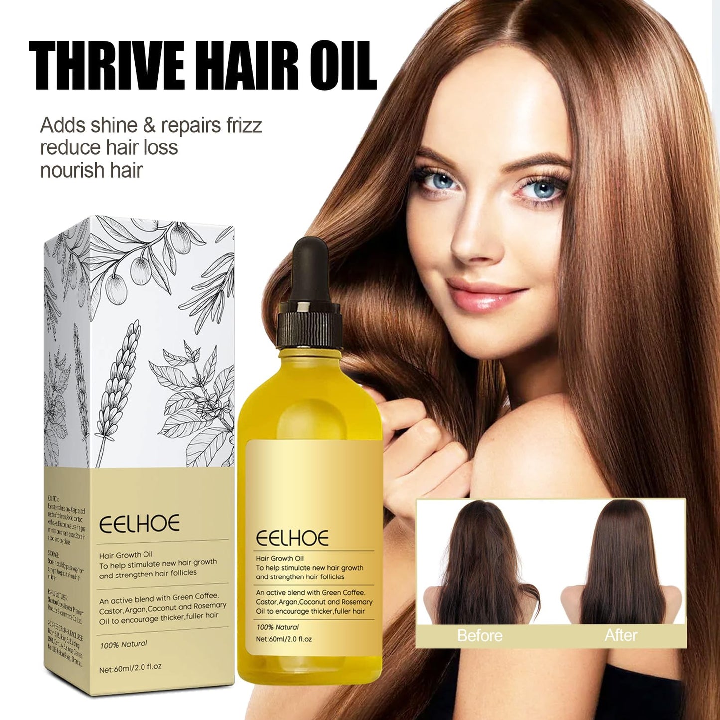 EELHOE Hair Growth Oil, Veganic Natural Hair Growth Oil, Veganic Rosemary Oil for Dry Damaged and Thin Hair, 2 Fl Oz *2 PCS