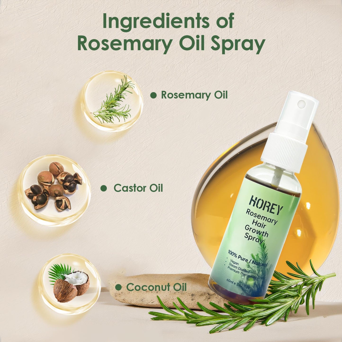 Horey Rosemary Oil for Hair Growth Spray Natural Organic Rosemary and Castor Oil for Scalp & Hair Strengthening Effective for Women Men Hair Loss, 2.02 fl oz