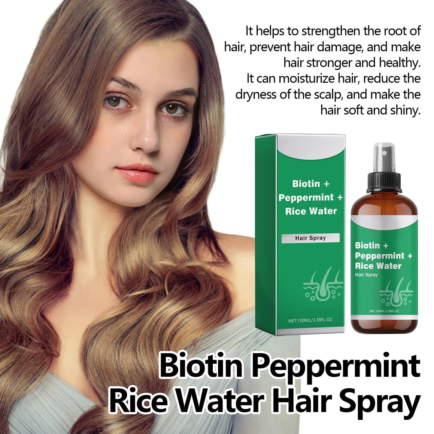 Rice Water for Hair Growth Spray - Serum with Biotin, Peppermint and Rice Water, Non-Greasy Spray Naturally Thicker, Longer, Softer Men & Women 3.38 fl oz